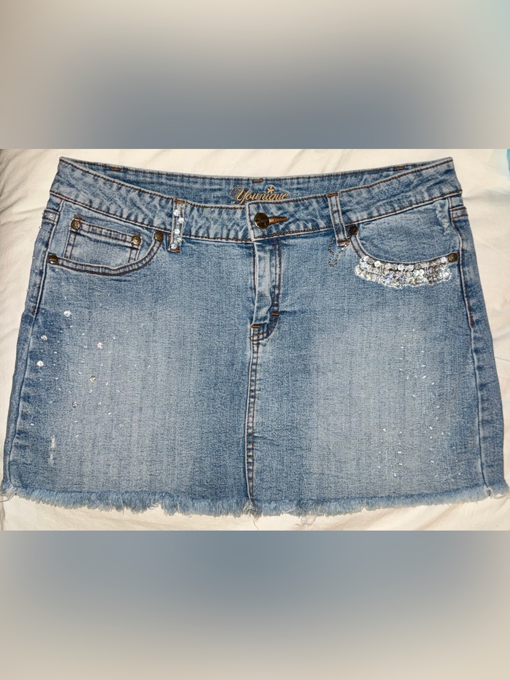 Women's Light Blue Denim Skirt with Sequin Detail